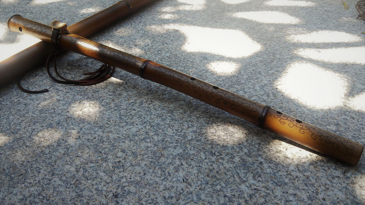 Ethnic Native American and Oriental Style Bamboo Kokin Flute. Rustic Meditative Flute. Abstract pyrography design