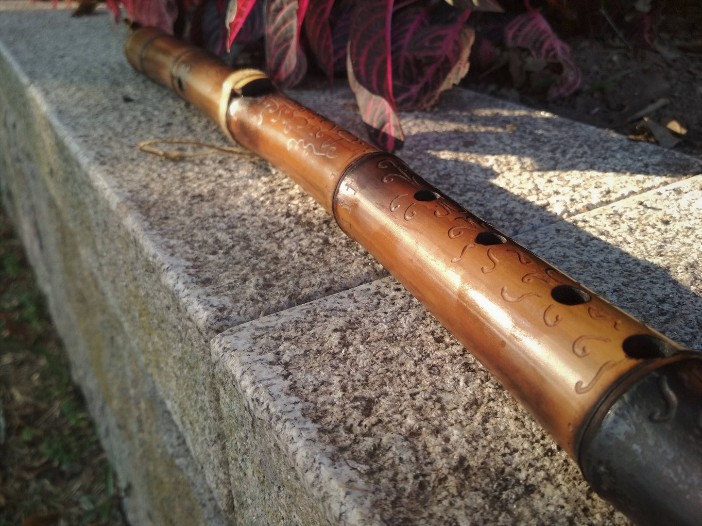 Ethnic Native American and Oriental Style Exotic Bamboo Flute. Rustic Meditative Flute