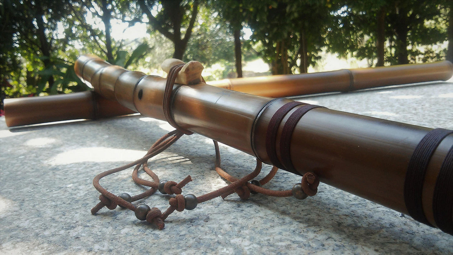 Ethnic Native American and Oriental Style Bass Bamboo flute. Rustic Kokin-Akebono scale. Meditative Flute