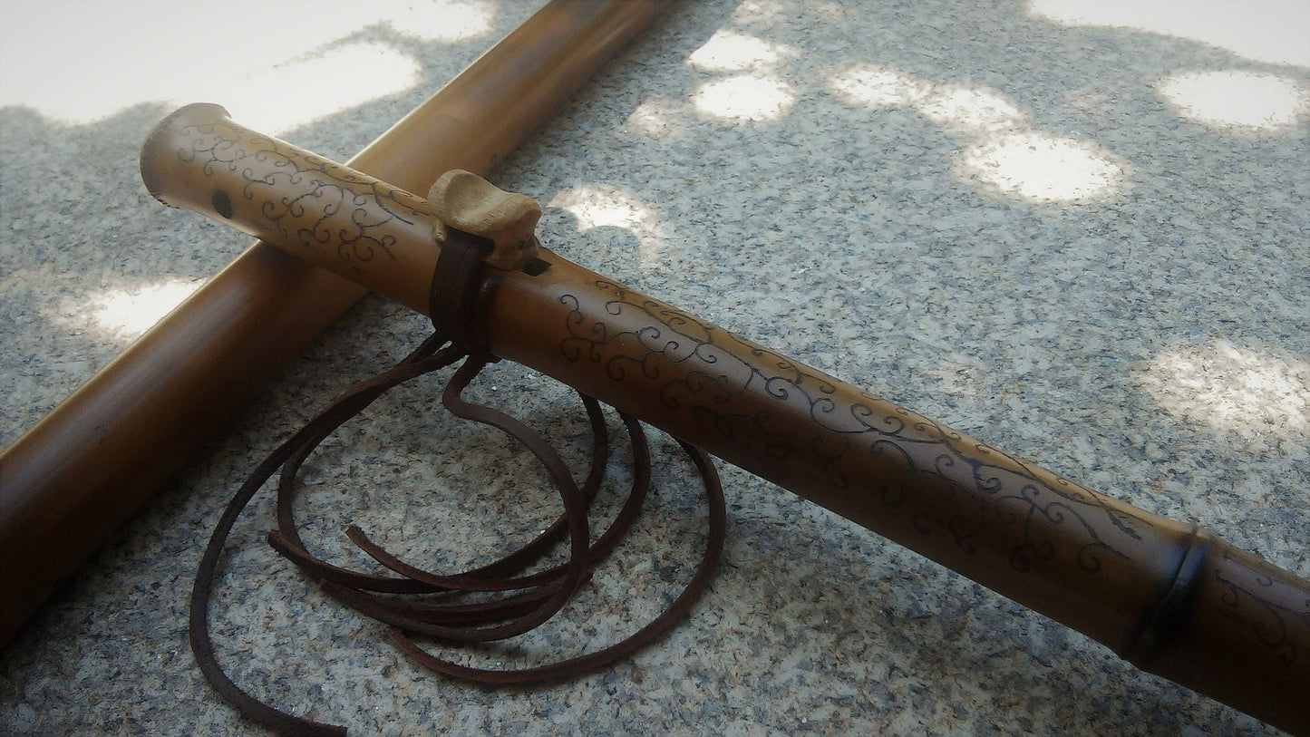 Ethnic Native American and Oriental Style Bamboo Kokin Flute. Rustic Meditative Flute. Abstract pyrography design