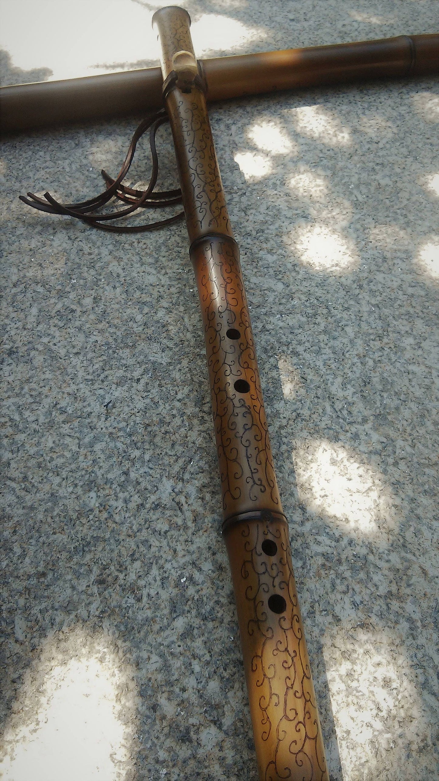 Ethnic Native American and Oriental Style Bamboo Kokin Flute. Rustic Meditative Flute. Abstract pyrography design
