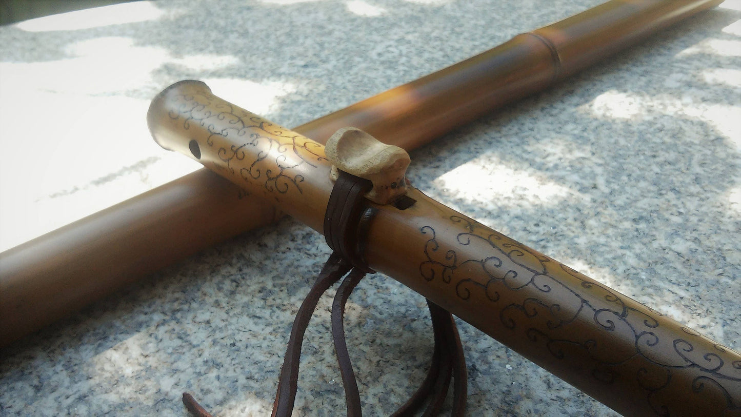 Ethnic Native American and Oriental Style Bamboo Kokin Flute. Rustic Meditative Flute. Abstract pyrography design