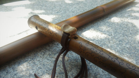 Ethnic Native American and Oriental Style Bamboo Kokin Flute. Rustic Meditative Flute. Abstract pyrography design
