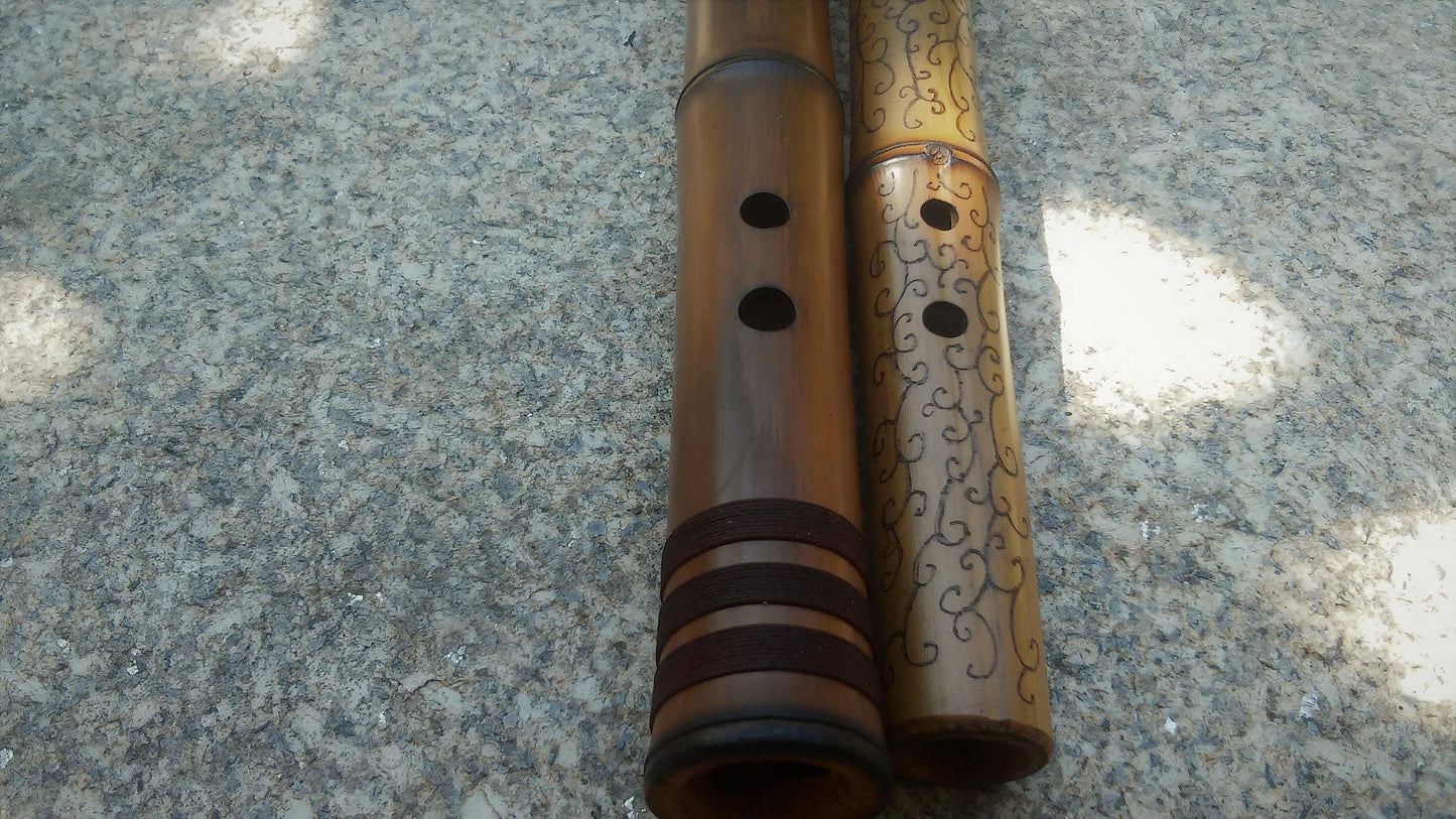 Ethnic Native American and Oriental Style Bamboo Kokin Flute. Rustic Meditative Flute. Abstract pyrography design
