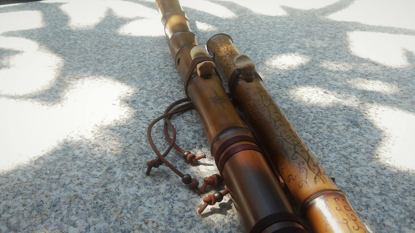 Ethnic Native American and Oriental Style Bamboo Kokin Flute. Rustic Meditative Flute. Abstract pyrography design