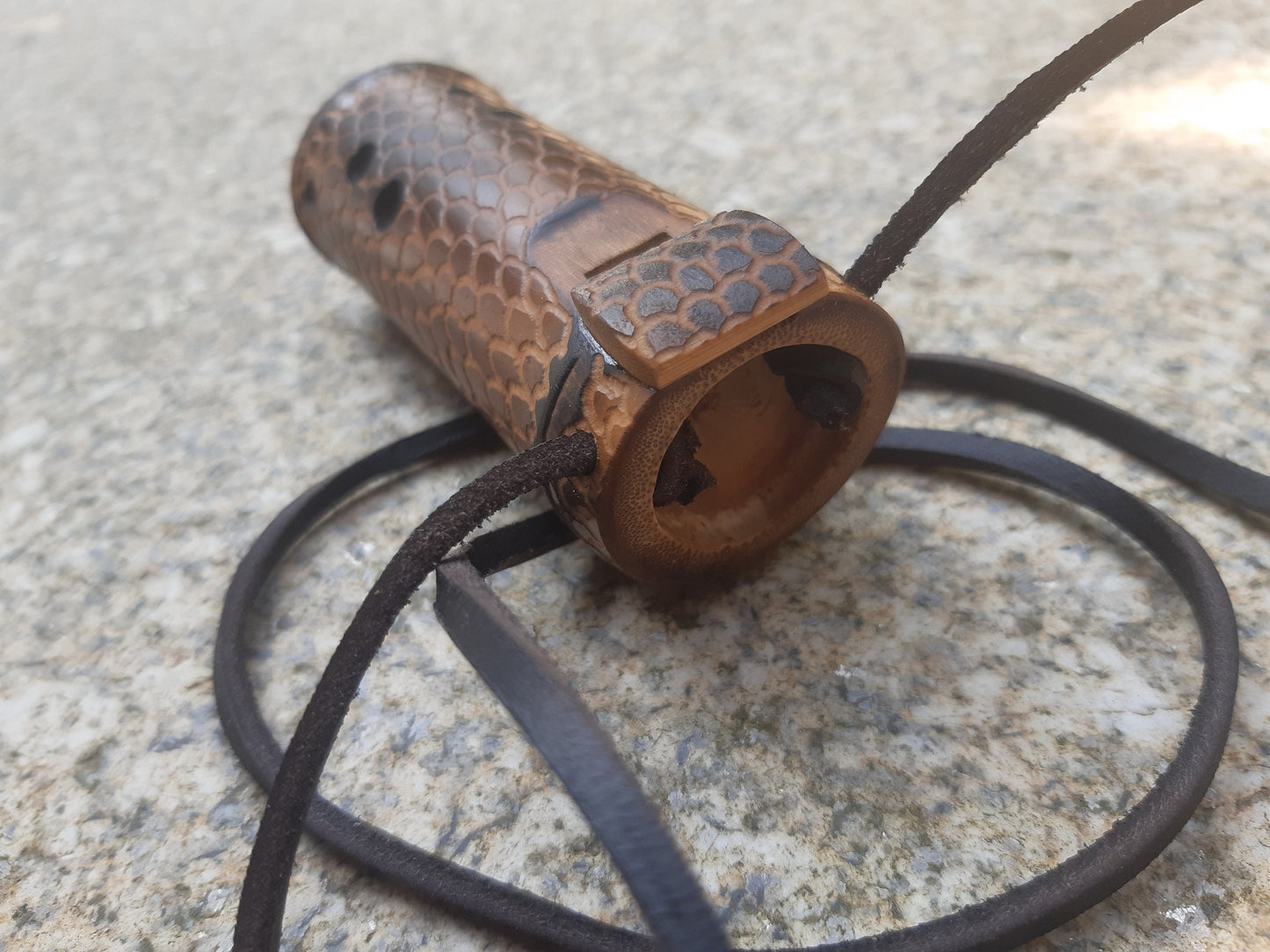 Dragon skin Bamboo Ocarina in the key of C. Pocket pendant ocarina in high C. Ethinc vessel flute. Small dark ocarina with dragon scales.