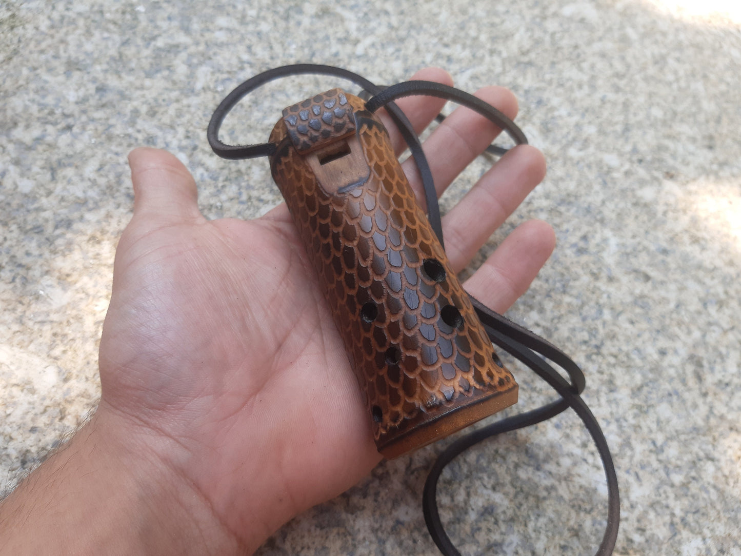 Dragon skin Bamboo Ocarina in the key of C. Pocket pendant ocarina in high C. Ethinc vessel flute. Small dark ocarina with dragon scales.