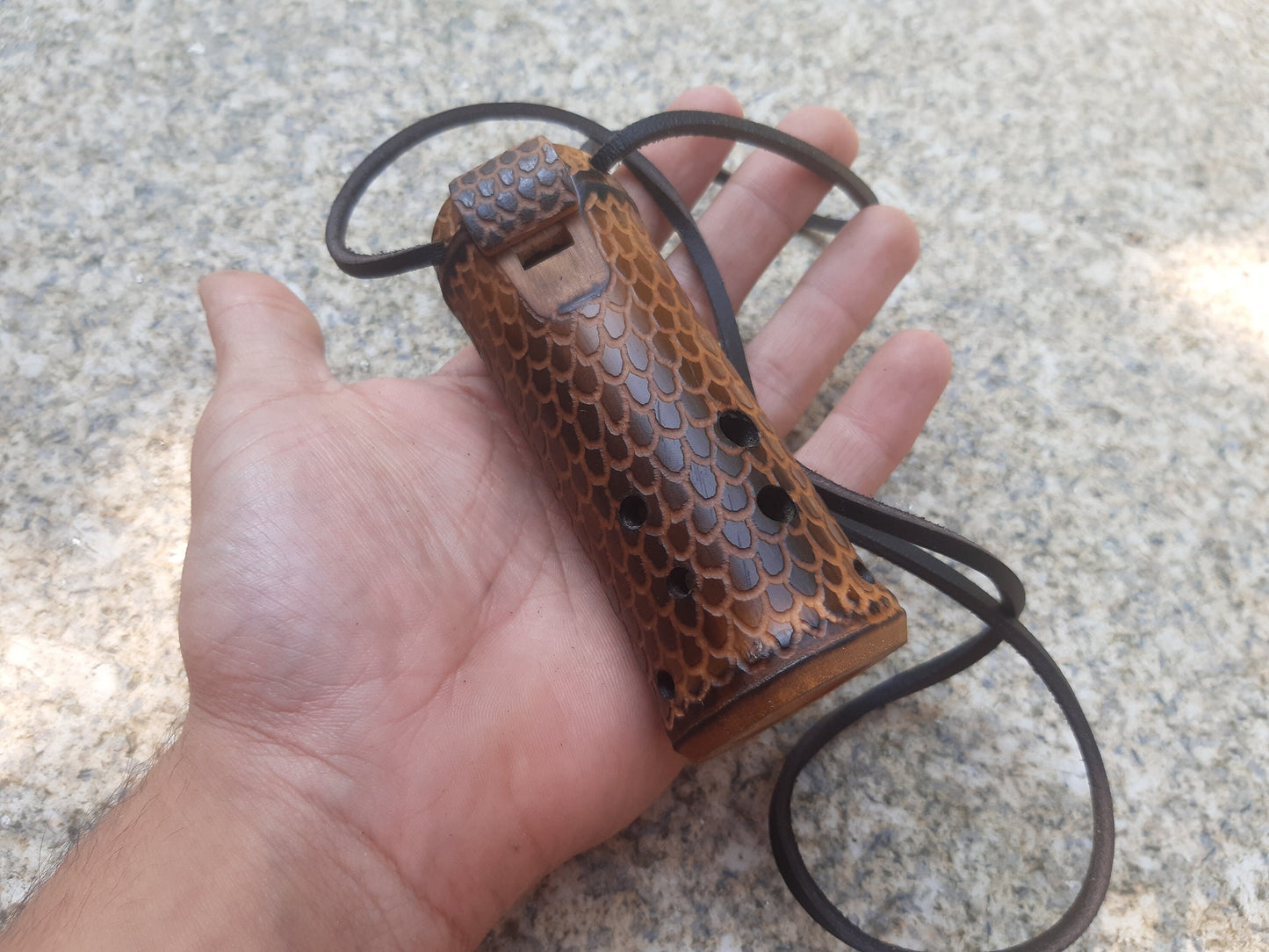 Dragon skin Bamboo Ocarina in the key of C. Pocket pendant ocarina in high C. Ethinc vessel flute. Small dark ocarina with dragon scales.
