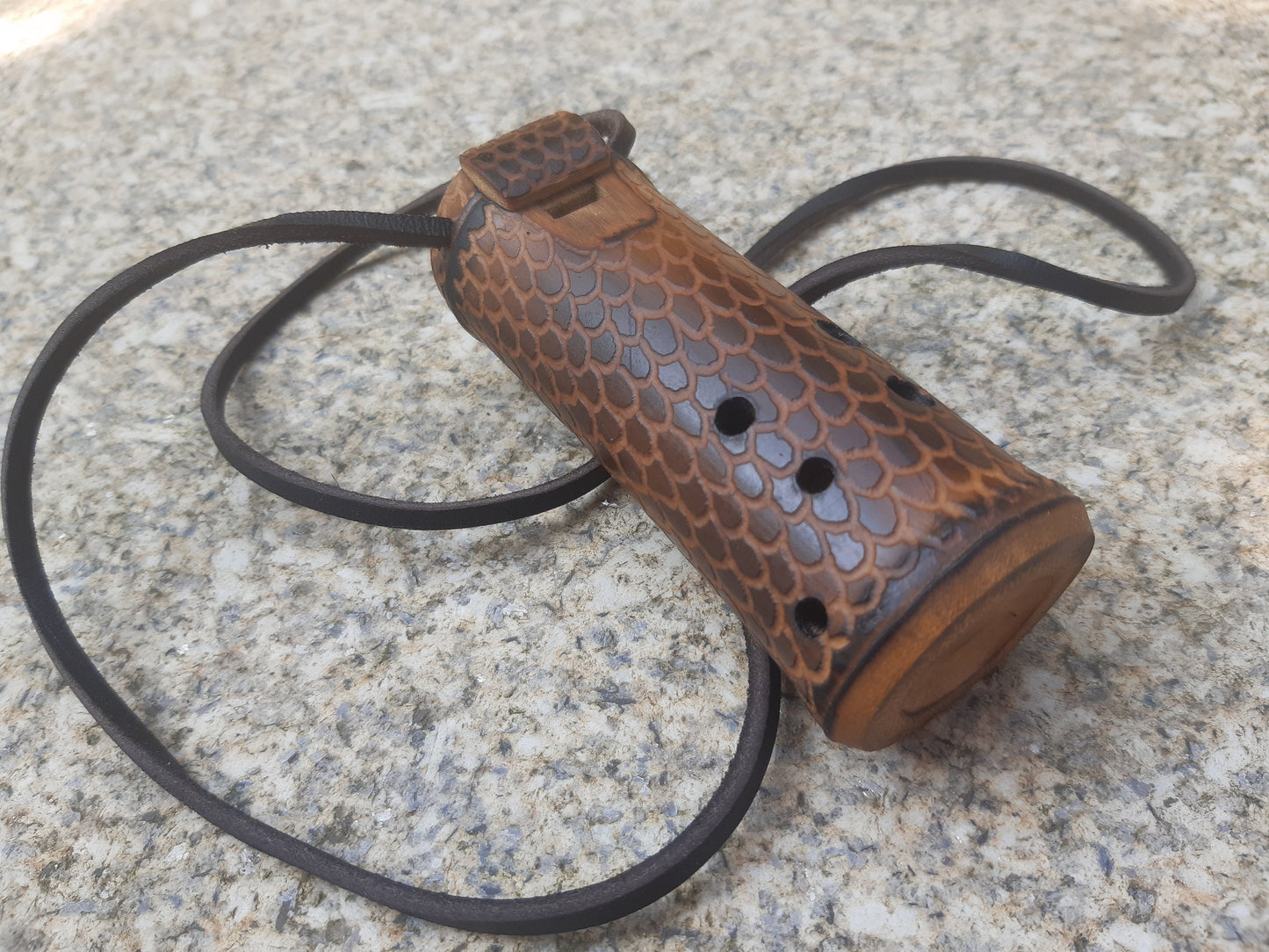 Dragon skin Bamboo Ocarina in the key of C. Pocket pendant ocarina in high C. Ethinc vessel flute. Small dark ocarina with dragon scales.