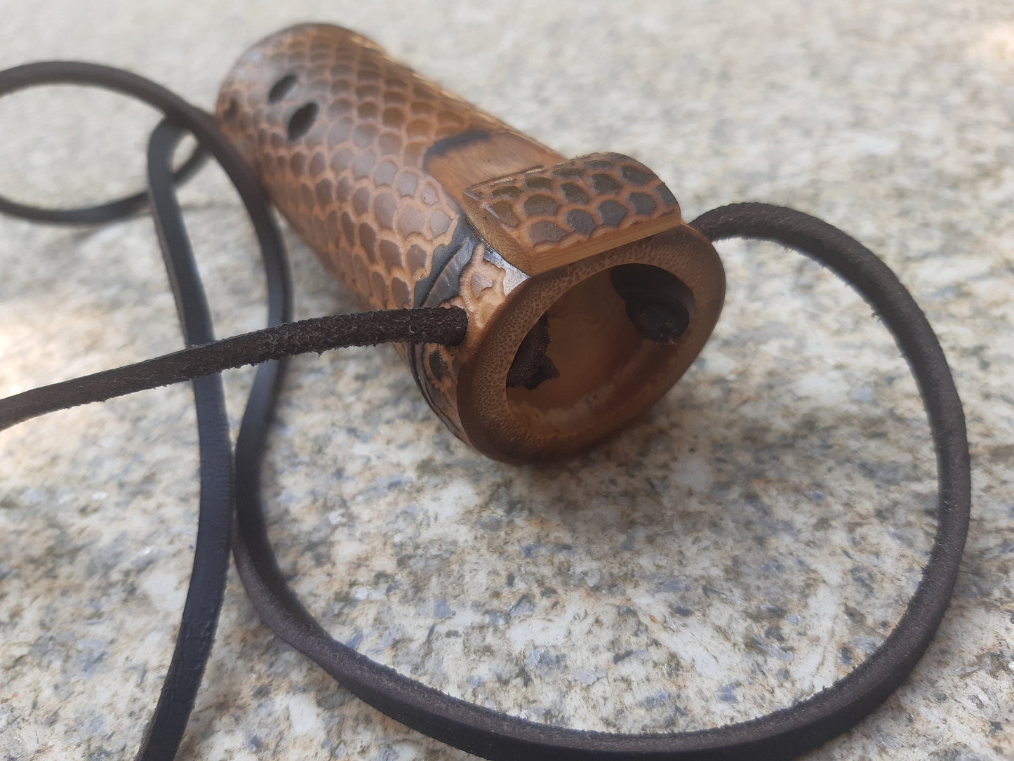 Dragon skin Bamboo Ocarina in the key of C. Pocket pendant ocarina in high C. Ethinc vessel flute. Small dark ocarina with dragon scales.