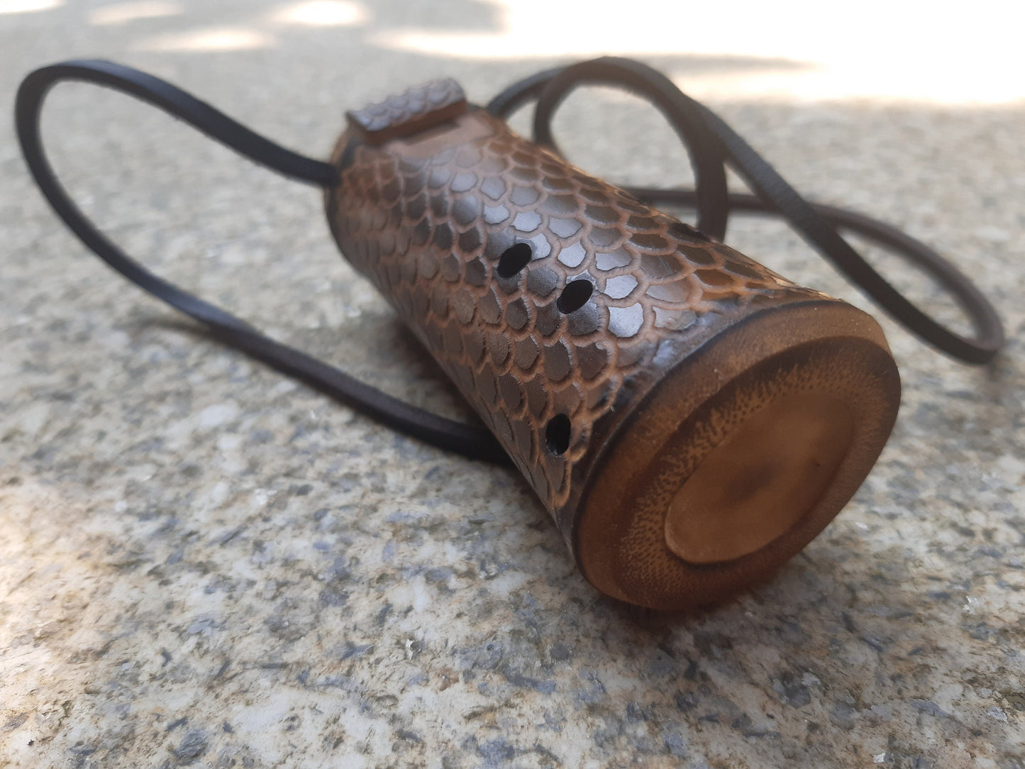 Dragon skin Bamboo Ocarina in the key of C. Pocket pendant ocarina in high C. Ethinc vessel flute. Small dark ocarina with dragon scales.