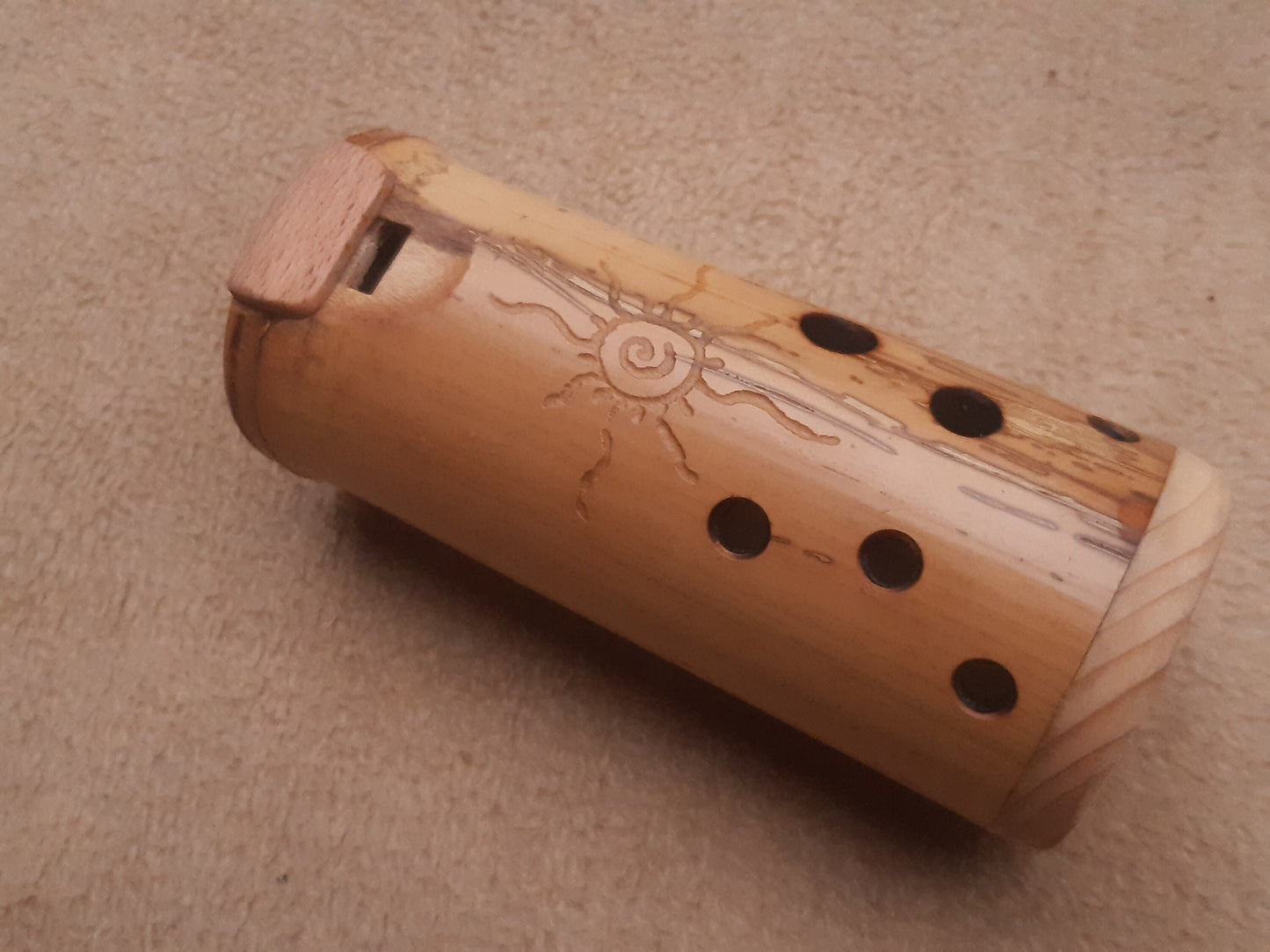 Native American Style Bamboo Ocarina in the key of F. Ethnic vessel flute in F minor pentatonic scale.