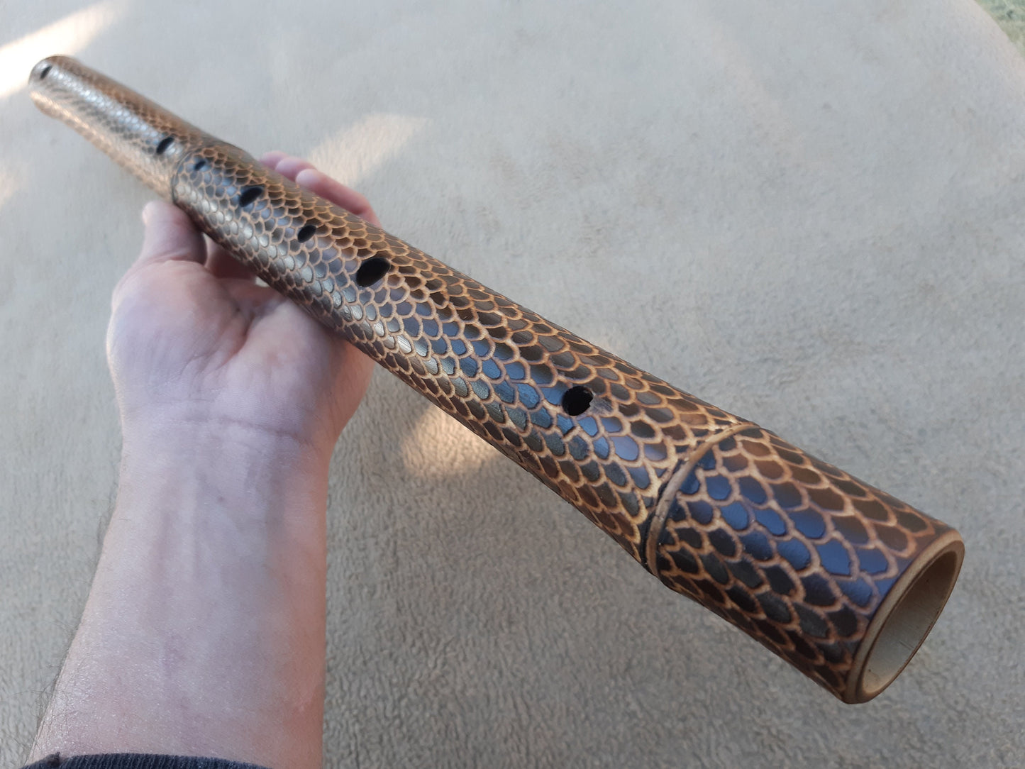RESERVED for Salvo: Low D Dragon skin Arabian bamboo flute. Hijaz Kar scale.Dragon scales. Dragon skin meditative flute. Deep flute. Low D