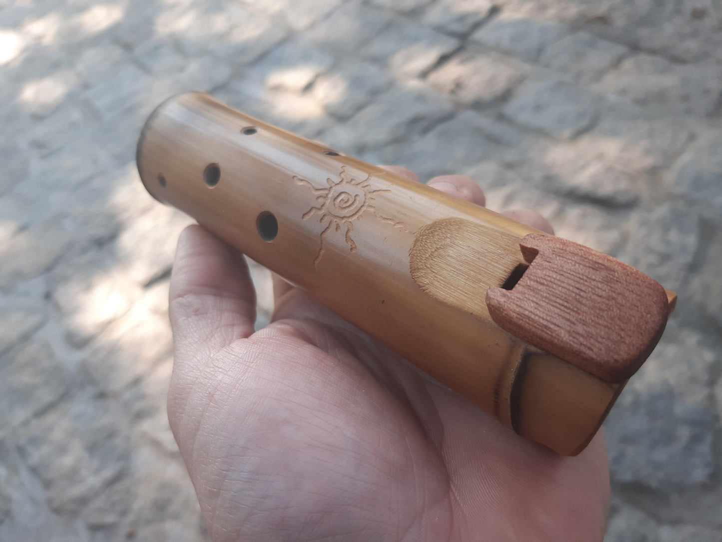 Native American Style Bamboo Ocarina in the key of G, A = 440 Hz. Ethnic vessel flute in G minor pentatonic scale.