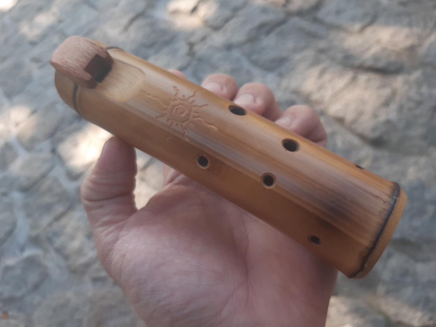 Native American Style Bamboo Ocarina in the key of G, A = 440 Hz. Ethnic vessel flute in G minor pentatonic scale.