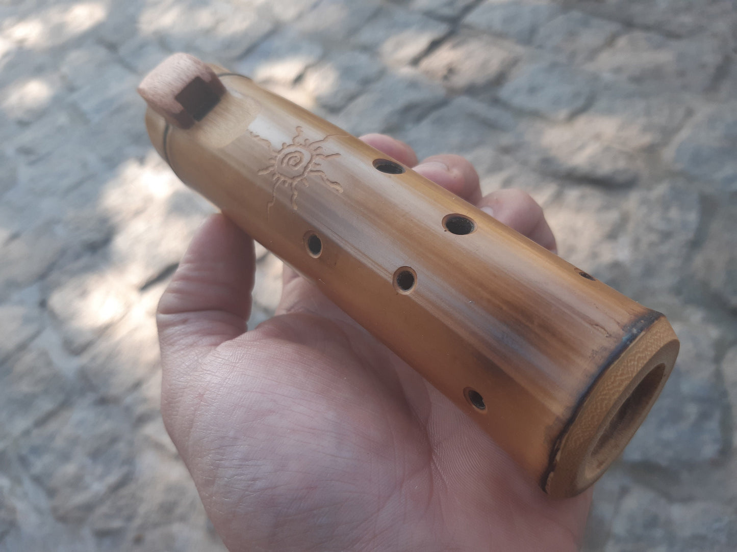 Native American Style Bamboo Ocarina in the key of G, A = 440 Hz. Ethnic vessel flute in G minor pentatonic scale.