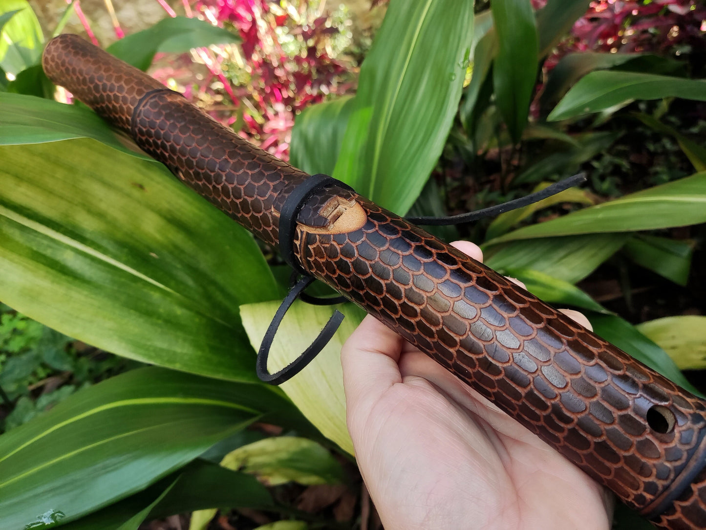 Dragon Skin Native American Style Bamboo flute in D# with a Minor Pentatonic Scale. Ethnic crooked flute with Hand Carved Dragon scales