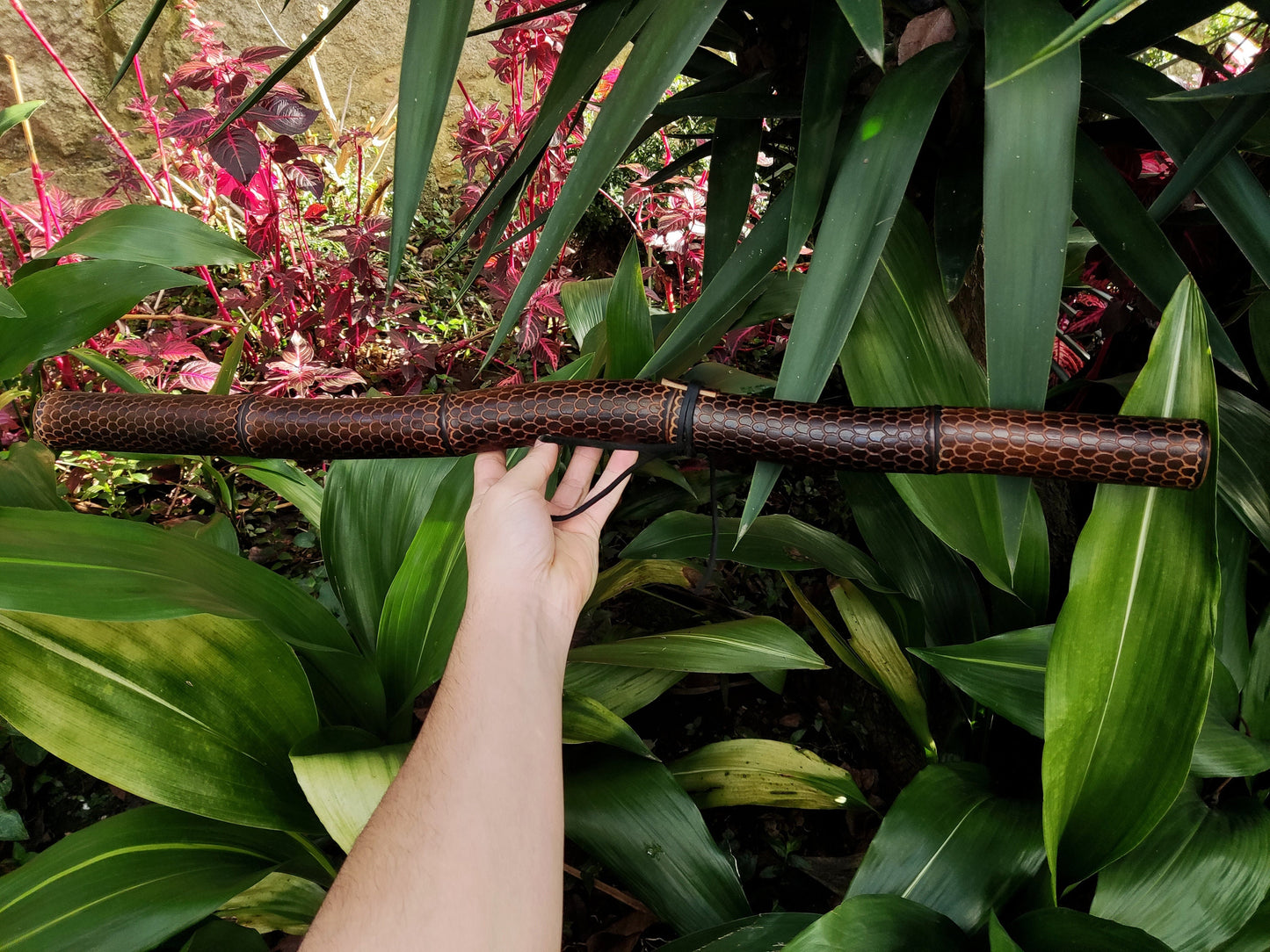 Dragon Skin Native American Style Bamboo flute in D# with a Minor Pentatonic Scale. Ethnic crooked flute with Hand Carved Dragon scales