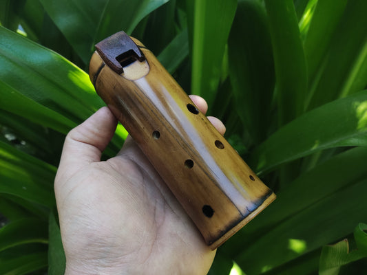 Native American Style Bamboo Ocarina in the key of F#. Ethnic vessel flute in F# minor pentatonic scale. Vintage Mahogany