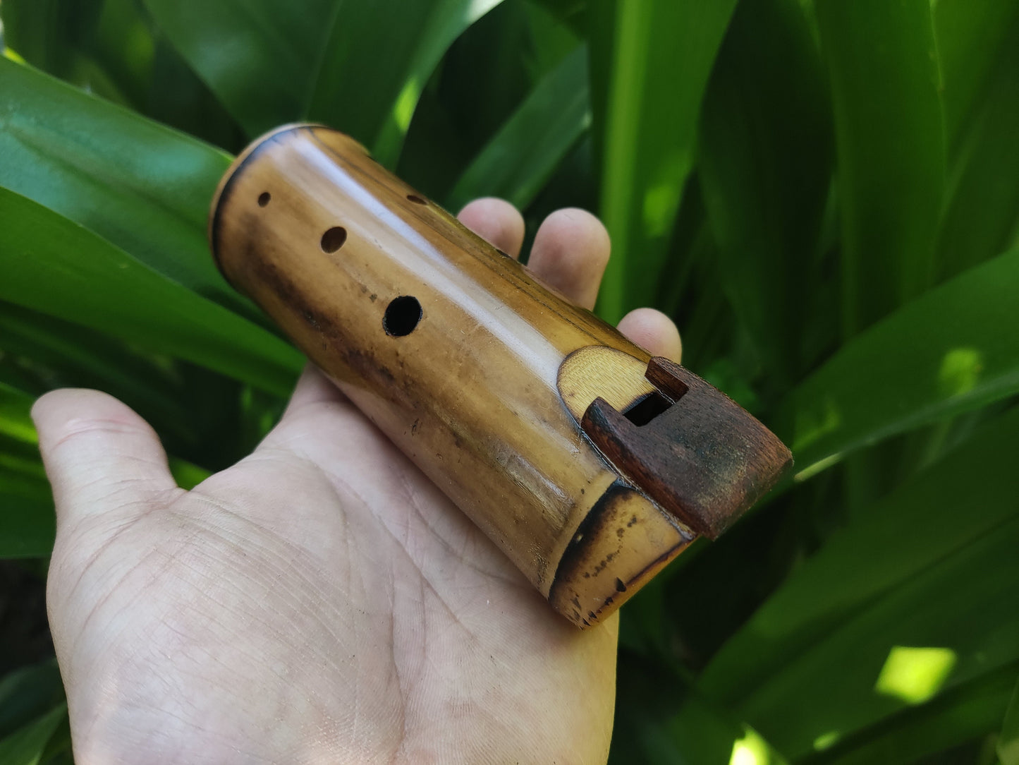 Native American Style Bamboo Ocarina in the key of F#. Ethnic vessel flute in F# minor pentatonic scale. Vintage Mahogany