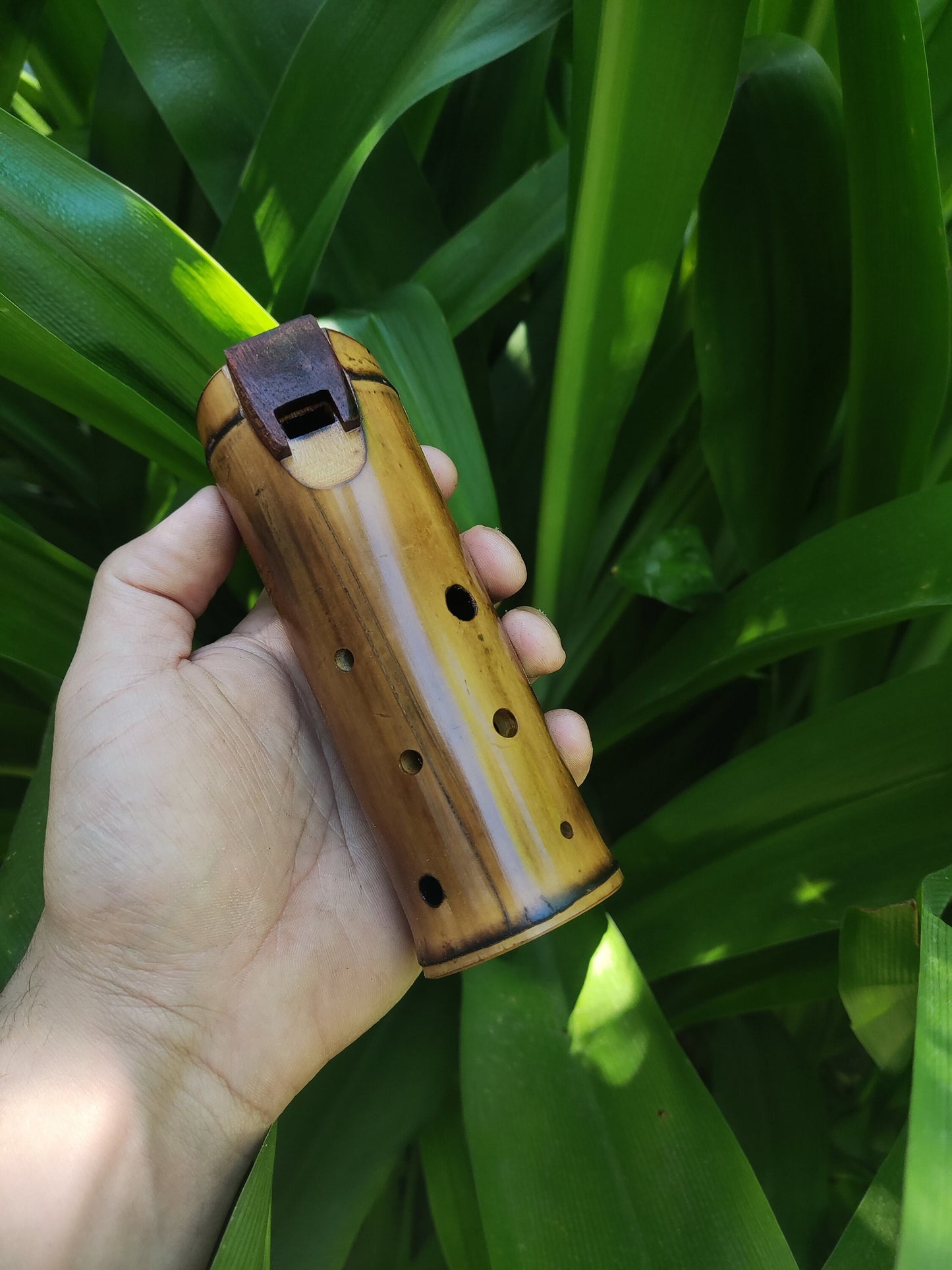 Native American Style Bamboo Ocarina in the key of F#. Ethnic vessel flute in F# minor pentatonic scale. Vintage Mahogany