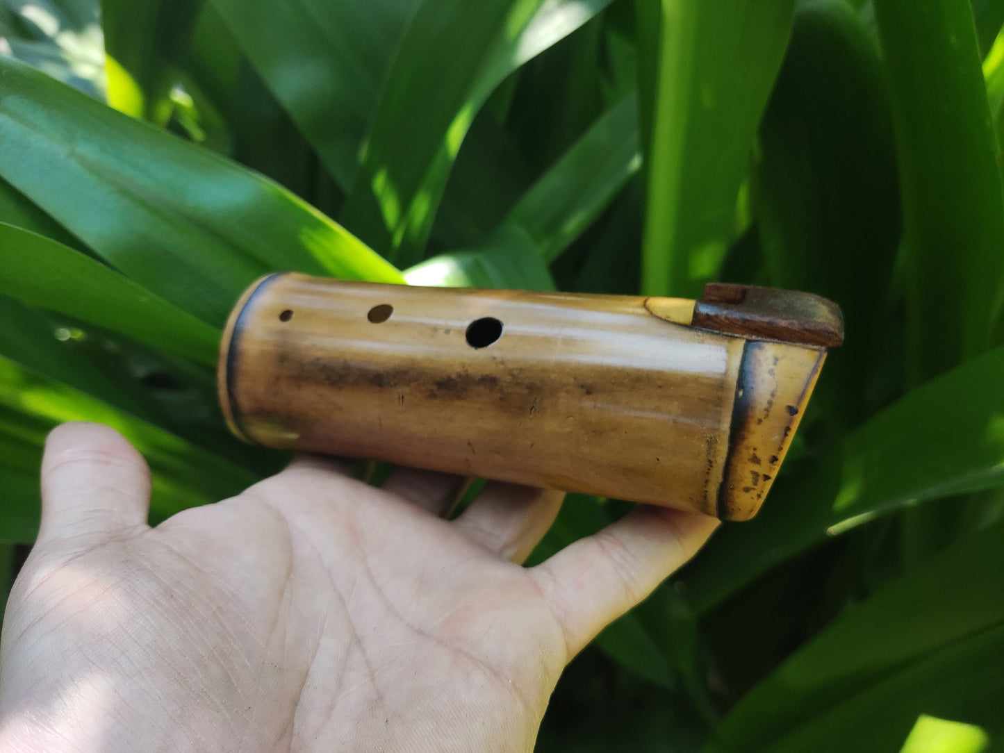 Native American Style Bamboo Ocarina in the key of F#. Ethnic vessel flute in F# minor pentatonic scale. Vintage Mahogany
