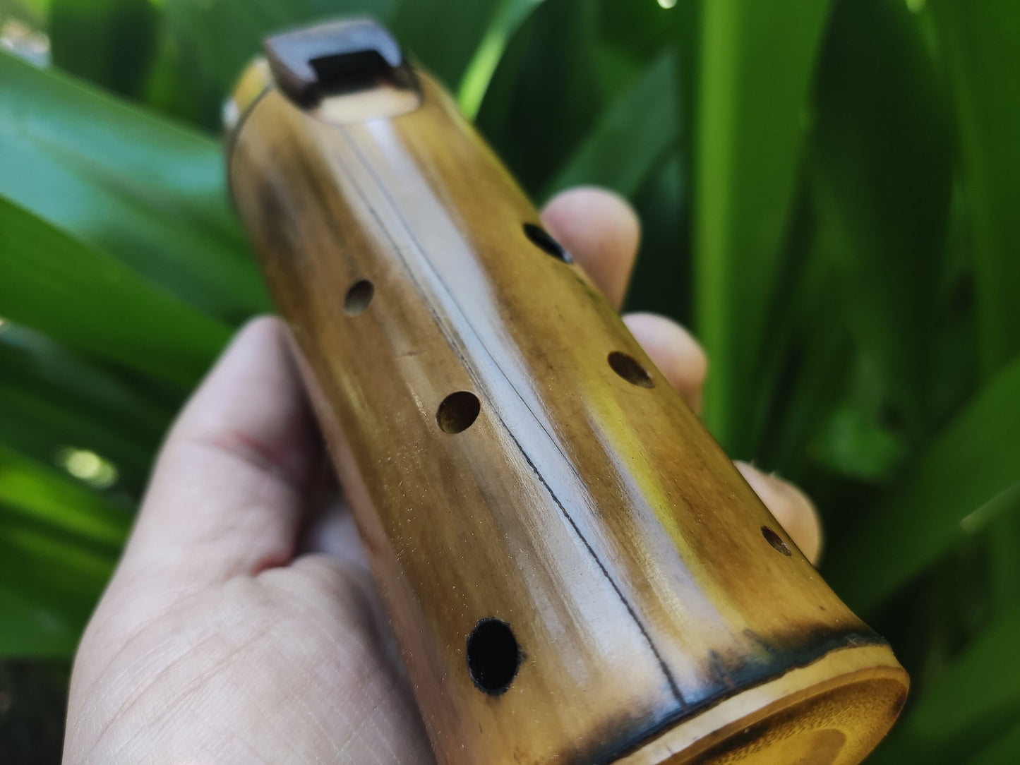 Native American Style Bamboo Ocarina in the key of F#. Ethnic vessel flute in F# minor pentatonic scale. Vintage Mahogany