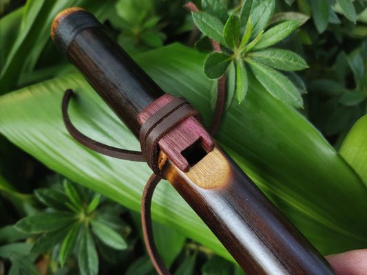 Pocket Native American and Oriental Style Bamboo flute in C, Ethnic and exotic flute with PurpleHeart Block | Gift for Musician | Rui Gomes
