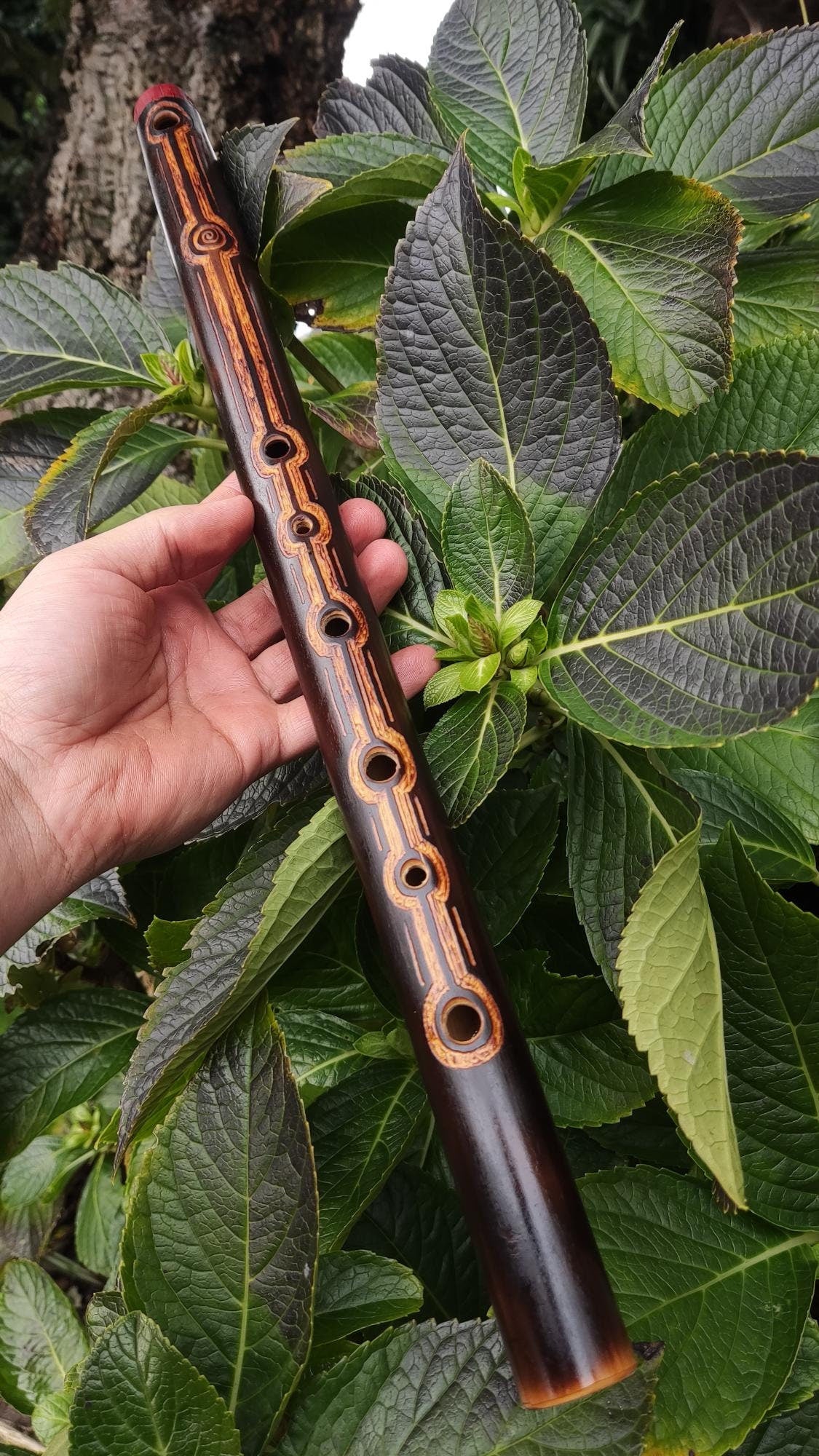 Harmonic Minor Flute handmade out of Bamboo with carvings | Minor melodic mode for intuitive playing | Rustic finish | Meditation Flute